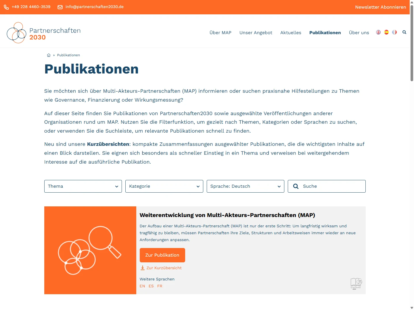 Partnerschaften2030 — Biblioteka publikacji — filtry tematu, kategorii i języka z podglądem zasobów.