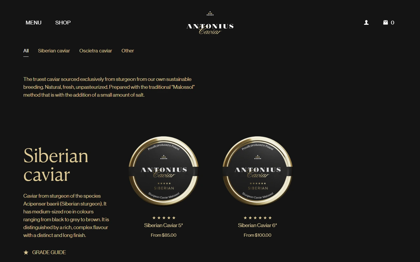 Antonius Caviar USA — Wewnętrzna strona i szczegóły interfejsu.