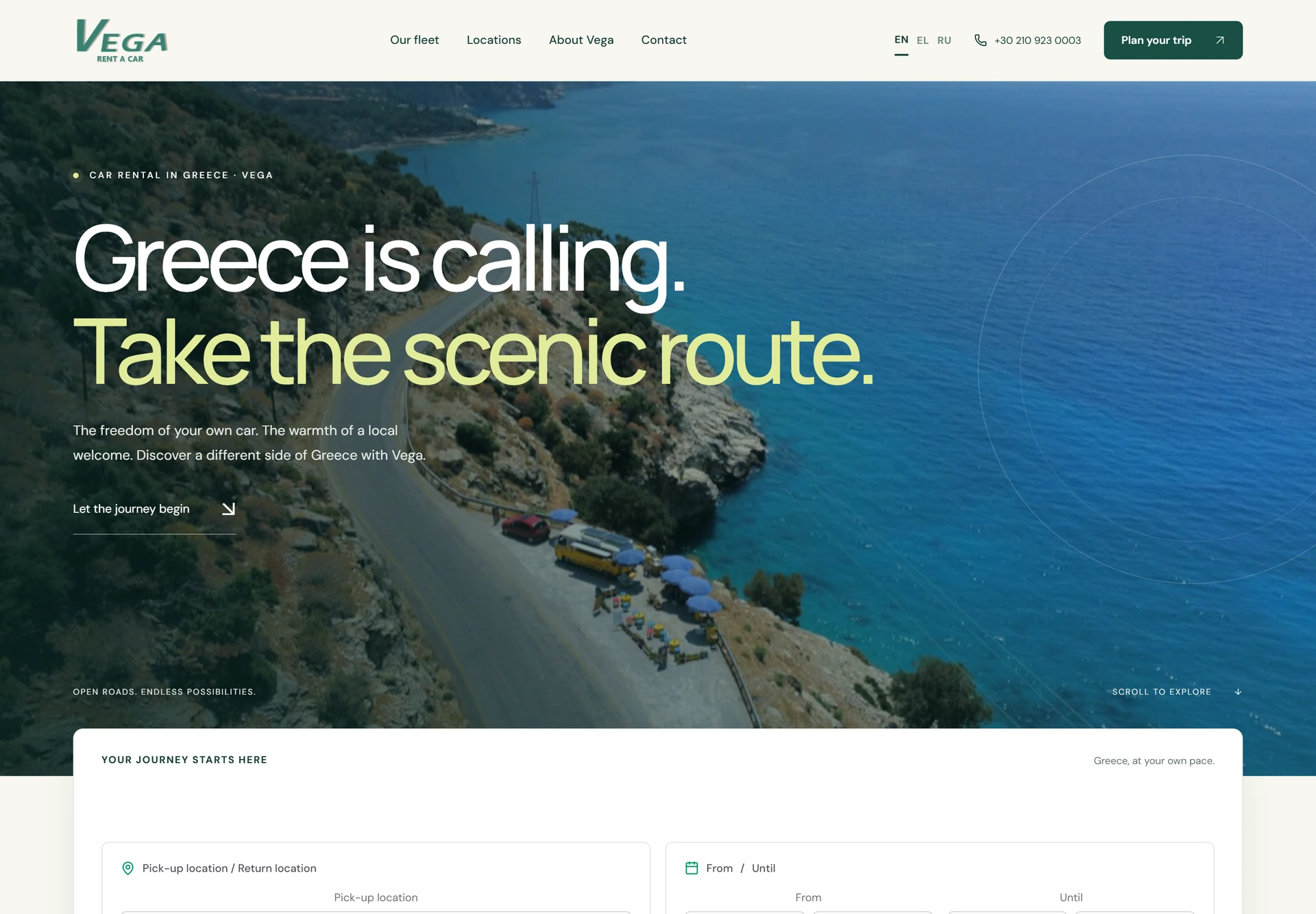 Vega Rent a Car homepage with fleet catalogue and booking form